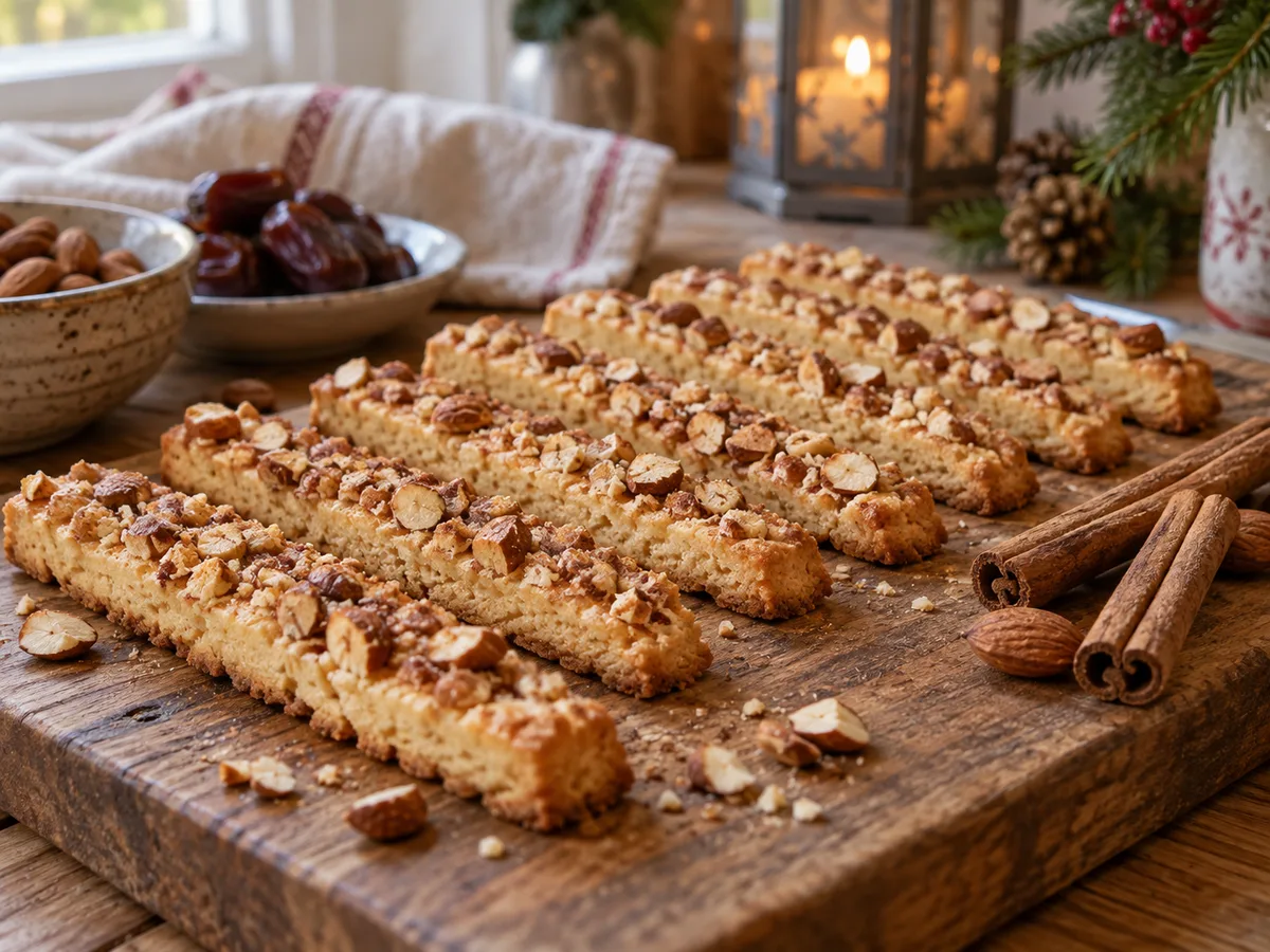 Finska pinnar med hackad mandel på en skärbräda